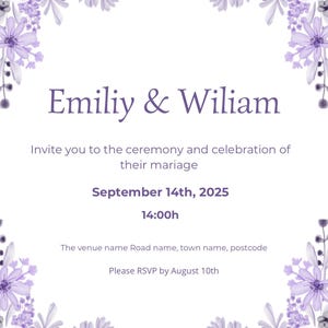 Bearbeitbare Hochzeitseinladung – Lila florale Druckbare Einladung – Canva Vorlage – Digitaler Download – Elegante Hochzeitskarte