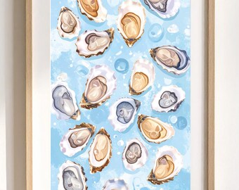 Meet Me at the Beach Oyster Shell Wall Art – Pastel Blue Coastal Print for Dining Room or Beach House Decor