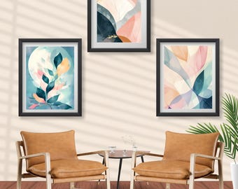 Abstract Botanical Leaf Prints – Set of 3 Soft Pastel Decor