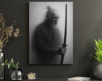 Samurai Black and White Portrait, Printable Warrior Wall Art for Zen Interior Decor and Martial Arts Lovers