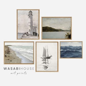 Neutral Seascape Gallery Art Print Set, Coastal Set of 5, Coastal Wall Decor, Vintage Gallery Wall Set Coastal Home Decor, Beach PRINTABLE