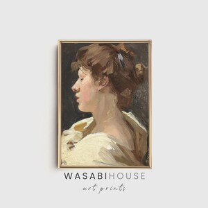 Brown Rustic Portrait Painting, Woman Portrait Hair, Neutral 1800s Rustic Farmhouse, French Country Cottage Wall Decor, PRINTABLE ART