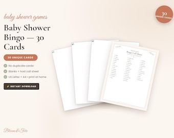 Baby Shower Bingo Printable, 30 Unique Prefilled Cards + Blank Cards + Call Sheet, Boho Baby Shower Game, Instant Download, Letter A4