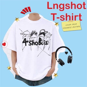 May include: White T-shirt featuring a black graphic of four stylized faces and the text "4 Shobuiz". The shirt also has the text "Lngshot T-shirt" and "COVER FROM 4SHOBOIZ MIXTAPE". Black headphones are also in the image.