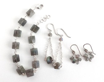 Petite Labradorite Earrings and Bracelet Set, Jewlery Lot, Sterling Silver Wire Wrapped