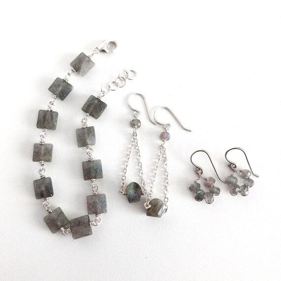 Petite Labradorite Earrings and Bracelet Set, Jewlery Lot, Sterling Silver Wire Wrapped