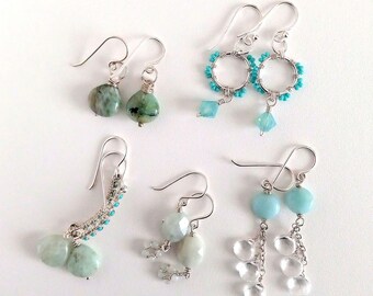 Handmade Jewelry Lot, Chrysocolla, Amazonite, Crystal Quartz, Sterling Silver Earrings