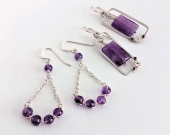 Amethyst Earrings, Two Pairs of Handcrafted Sterling Silver Amethyst Earrings