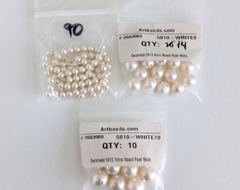 Destash White Swarovski Round Crystal Pearls 5810, Jewelry Supplies, 4mm, 8mm, 10mm