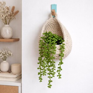 Hanging Crochet Basket. Cream Cotton Wall Storage, Hang on Hook, Peg or Door Handle