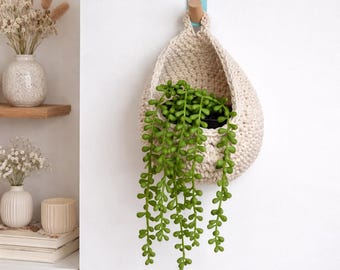 Hanging Crochet Basket. Cream Cotton Wall Storage, Hang on Hook, Peg or Door Handle