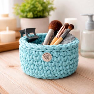 Crochet Storage Basket, Turquoise. Handmade Cotton Cord Basket