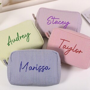 Custom Seersucker Cosmetic Bag, Personalized Embroidered Makeup Bag, Monogrammed Toiletry Bag, Bridesmaid Gift, Christmas Gift, Gift for Her