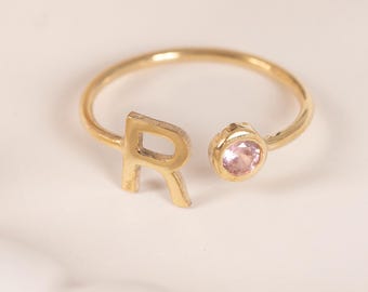 Personalized Initial Birthstone Ring, Personalized Gift for Her, Letter Ring, Custom Initial Ring, Mothers Ring, Dainty Ring, Birthday Gifts