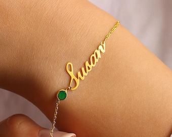 14K Gold Plated Name Bracelet with Birthstone, Christmas Gift, Daily Bracelet, Gift For Her, Birthday Gift,  Personalized Jewellery