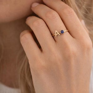 14k Gold Initial Birthstone Ring, Birthstone Letter Ring, Custom Initial Ring, Gift for Her, Dainty Ring, Birthday Gifts, Christmas Gift