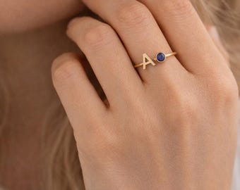14k Gold Initial Birthstone Ring, Birthstone Letter Ring, Custom Initial Ring, Gift for Her, Dainty Ring, Birthday Gifts, Christmas Gift