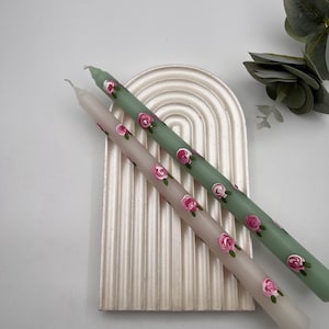 White & Green Rose Taper Candle Set, Hand Painted Floral Candle, Elegant Candle Decor, Home Decor, 2pcs