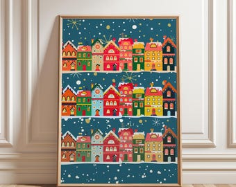 Scandinavian Winter Village Print – Colorful Nordic Christmas Decor (Digital Download)