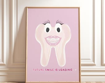 Lámina decorativa con diseño de diente con brackets, ideal para la decoración de un consultorio de ortodoncia (descarga digital).