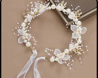 Corona de flores de perla para niña, accesorio romántico kawaii para el cabello, regalo para niña, corona de hadas, accesorio para el cabello de perla para niña.