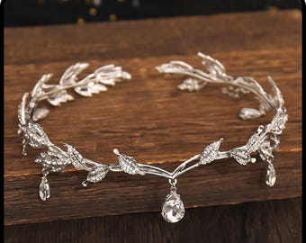 Tiaras de corona de hadas vintage con hojas de cristal, tiara de elfo, bandana, accesorios para el cabello para mujer, bisutería para el cabello