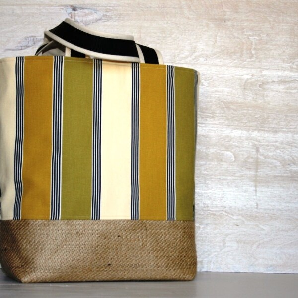 Stylish Striped Canvas Tote Bag Butterscotch Sage Green