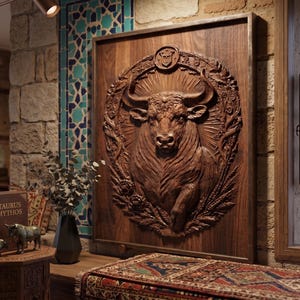 May include: A detailed wooden panel depicting a bull's head, carved within a circular frame. The panel is a deep brown and mounted on a wall. The room has a rustic, antique style, with stone walls and wooden furnishings. The panel is likely a decorative item.