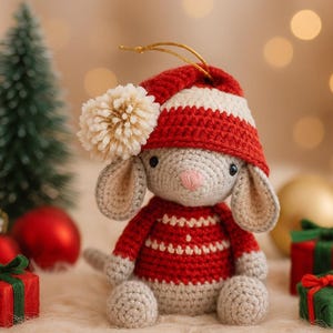 Puede incluir: Adorno navideño de ganchillo de un ratón gris con gorro y suéter a rayas rojas y blancas. El ratón tiene una nariz rosa y un pompón color crema en su gorro. Pequeñas cajas de regalo rojas con lazos verdes y un árbol de Navidad en miniatura en el fondo.