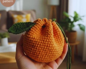 Crochet Orange Drawstring Pouch with Leaf, Handmade Mini Bag
