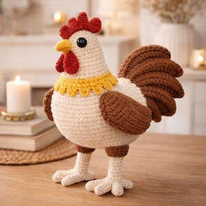 May include: A handcrafted crochet rooster figurine. The rooster features a cream-colored body, brown wings and tail, and a red comb and wattle. It has a yellow collar and black eyes. The rooster stands on cream-colored feet and is displayed on a wooden surface.