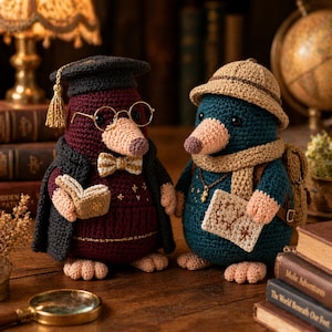 May include: Two crocheted mole figures. One wears a graduation cap, glasses, and a bow tie, holding a book. The other wears a safari hat, scarf, and backpack, holding a map. Both have pink noses and are on a wooden surface.