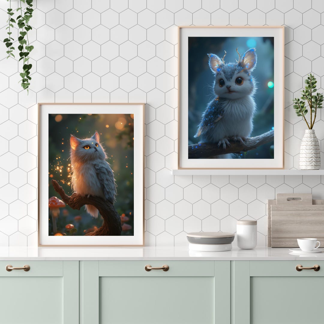 Cute Fantasy Animal Duo Magical Digital Pet Art Set of 2, Whimsical ...