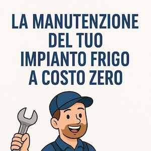 May include: A cartoon illustration of a smiling handyman wearing a blue jumpsuit and a blue baseball cap. He is holding a wrench in one hand and a red toolbox in the other. The text above him reads "LA MANUTENZIONE DEL TUO IMPIANTO FRIGO A COSTO ZERO".