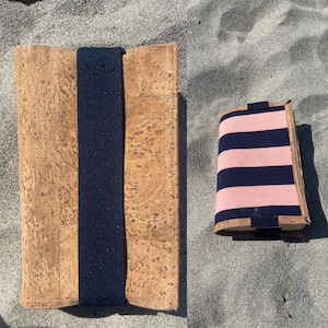 Copertina reversibile a righe marinare e sughero - Copertina con elastico - Fatta a mano e vegana