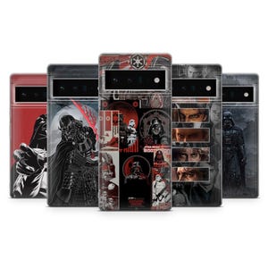 May include: A collection of five phone cases featuring Star Wars-themed designs. The cases showcase Darth Vader, stormtroopers, and other characters. The color palette includes red, black, and white, with various graphic elements.