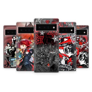May include: Five phone cases with anime-style illustrations in red, black, and white. The designs include characters, cityscapes, and graphic elements. Each case has a camera cutout. The cases are designed for a specific phone model.