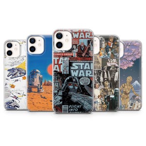 May include: Set of six phone cases featuring Star Wars comic book covers. The cases are clear with a printed design. The designs include a Darth Vader character, a R2-D2 character, a Stormtrooper character, a Chewbacca character, a Princess Leia character, and a Yoda character.