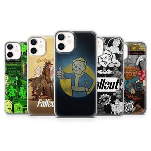May include: A collection of five phone cases with various Fallout-themed designs. The cases feature images of characters, text, and graphics in green, yellow, black, and blue. The text includes "Get Waste", "Fallout", and "Vegas".