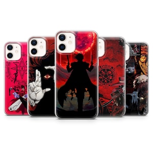 Könnte beinhalten: Eine Auswahl an Handyhüllen mit Anime-Illustrationen. Die Hüllen zeigen Charaktere und Szenen in Rot, Schwarz und Weiß. Die Designs umfassen Silhouetten, Symbole und detaillierte Kunstwerke.