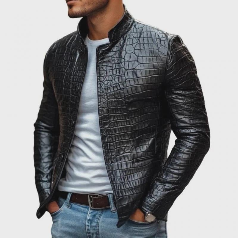 Luxury Men's Genuine Crocodile Embossed Leather Biker Jacket Gift