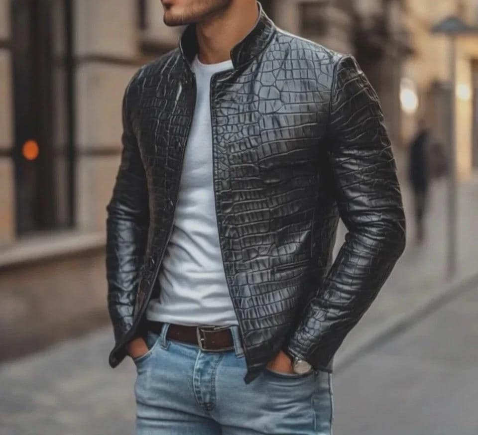 Luxury Men's Genuine Crocodile Embossed Leather Biker Jacket Gift