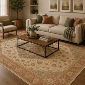 May include: A large area rug with a traditional floral pattern in shades of beige, rust, and sage green. The rug is placed in a living room setting with a sofa, chairs, and a coffee table. The room has a neutral color palette.