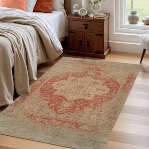 Rust Medallion Area Rug – Distressed Terracotta Persian Style, Washable
