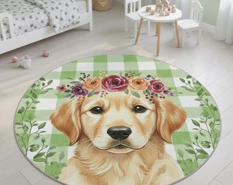 Alfombra redonda con diseño de cachorros y flores: adorable alfombra para habitación infantil, decoración de guardería, alfombra de juegos, alfombra de suelo con temática animal.