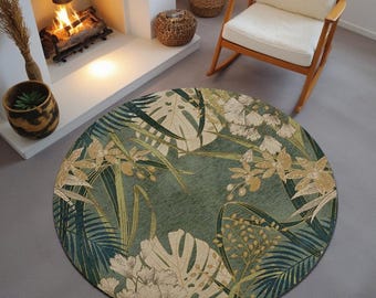 Green Leafy Round Rug: Modern Floral Print, Anti-Allergic