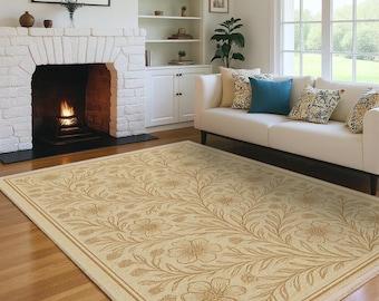 Beige Floral Botanical Area Rug – Neutral Cream Carpet with Elegant Vine Pattern, Washable Vintage-Inspired Floor Mat