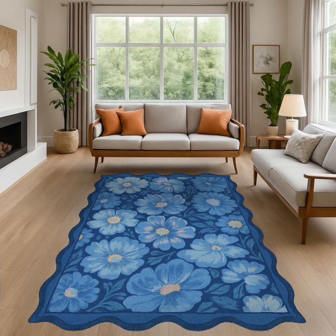 Flowy Blue Rug Blue Bloom Rug – Retro Floral Carpet in Shades of Blue, Scalloped Edge ...