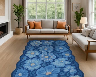 Blue Bloom Rug – Retro Floral Carpet in Shades of Blue, Scalloped Edge Washable Non-Slip Living Room Rug
