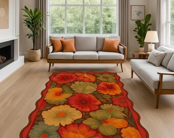 Autumn Bloom Rug – Vintage Floral Pattern with Scalloped Edges, Warm Red & Orange Washable Non-Slip Carpet